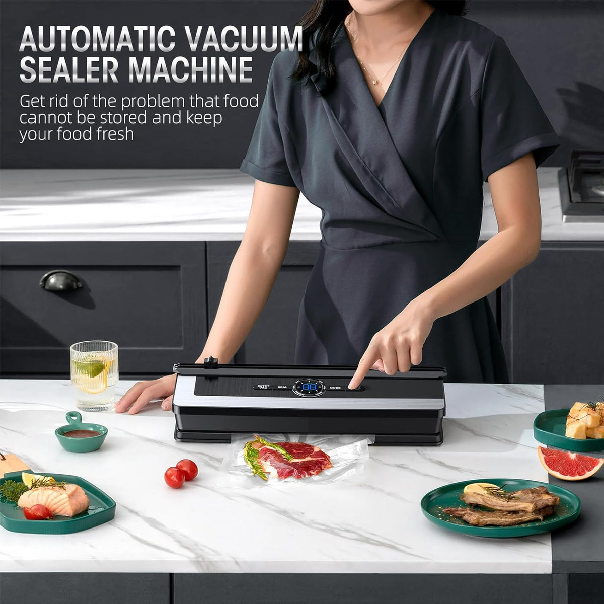 Davy | Professional 8-in-1 Vacuum Sealer | Integrated Precision Cutter | Modes for Dry & Moist Foods | Airtight LED Sealing System | Includes 15 Vacuum Bags