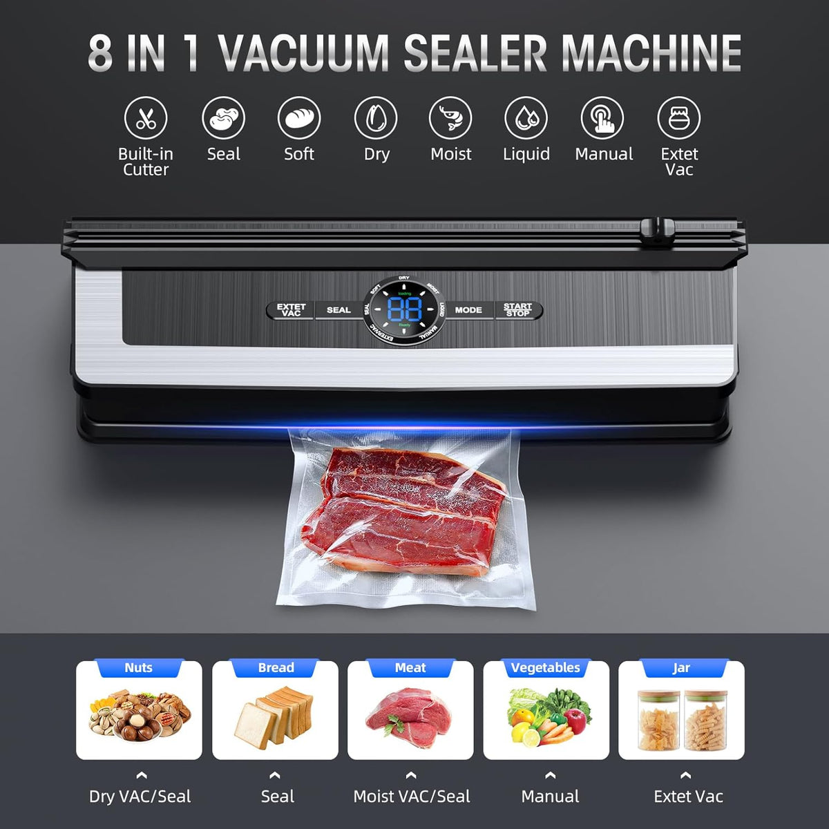 Davy | Professional 8-in-1 Vacuum Sealer | Integrated Precision Cutter | Modes for Dry & Moist Foods | Airtight LED Sealing System | Includes 15 Vacuum Bags