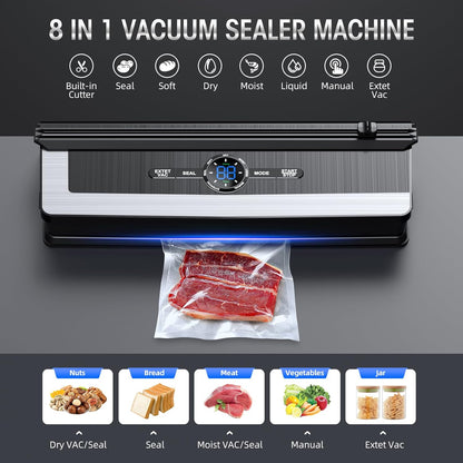 Davy | Professional 8-in-1 Vacuum Sealer | Integrated Precision Cutter | Modes for Dry & Moist Foods | Airtight LED Sealing System | Includes 15 Vacuum Bags