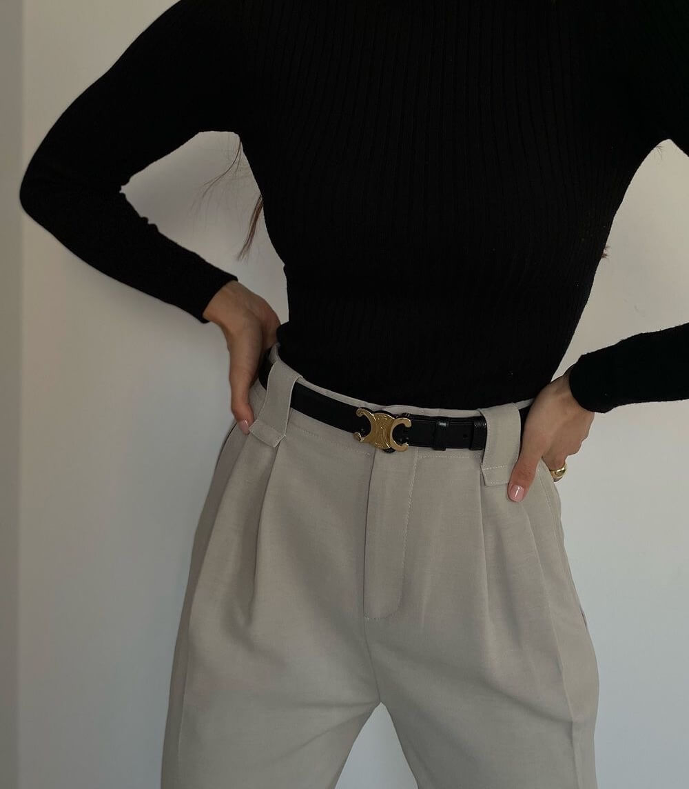 Vegan Leather Belt with Gold CC Logo Buckle