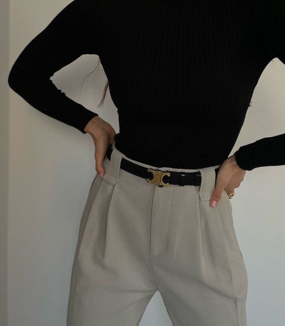 Vegan Leather Belt with Gold CC Logo Buckle