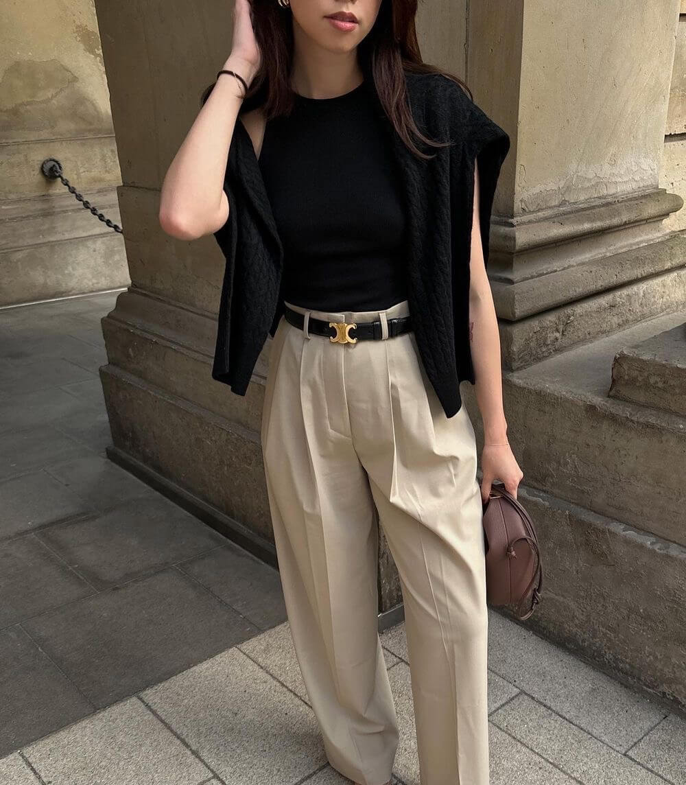 Vegan Leather Belt with Gold CC Logo Buckle