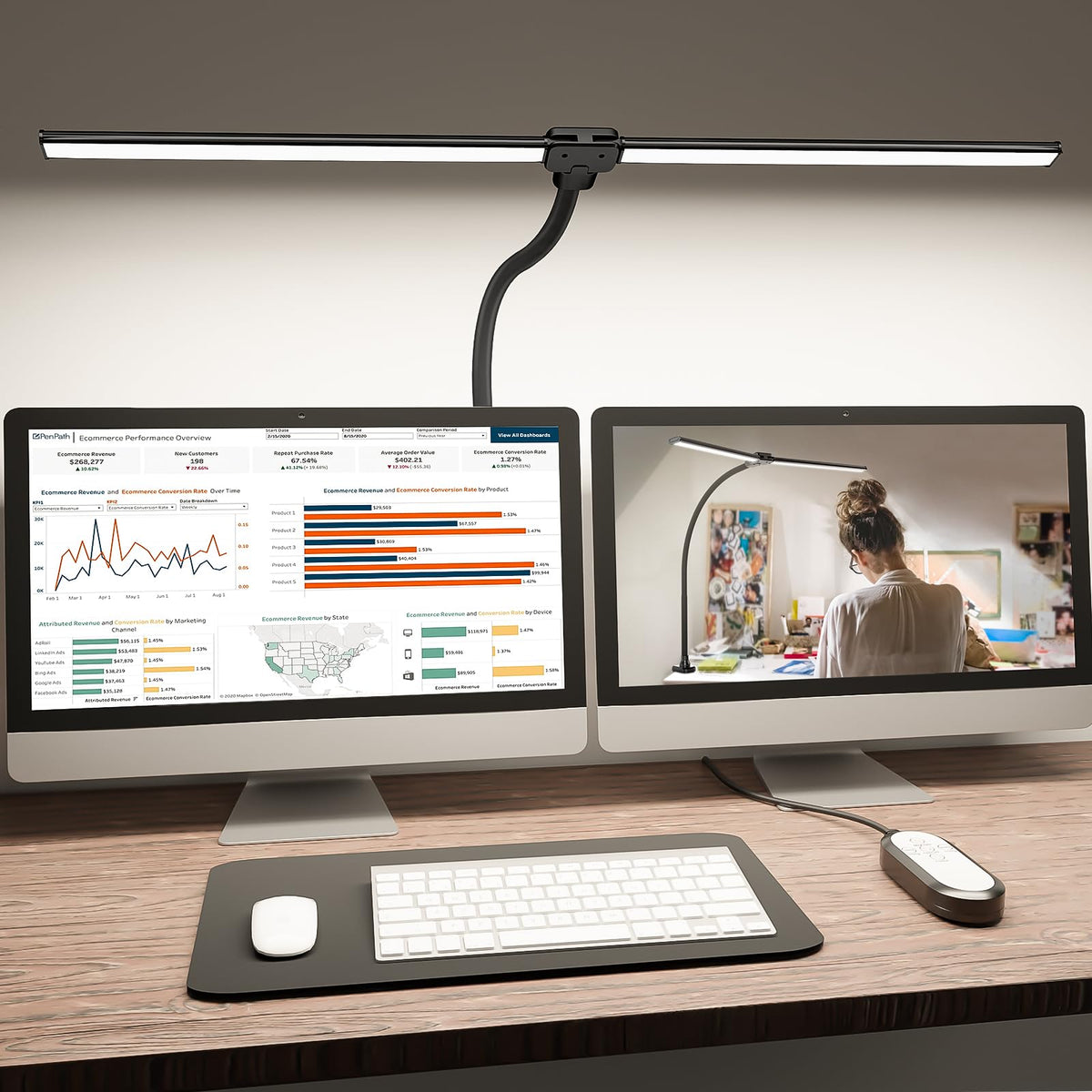 Davy | Shinetech LED Desk Lamp for Home Office, 4000k Neutral White Double Head Architect Task Lamps with Clamp, Dimmable Adjustable Fl