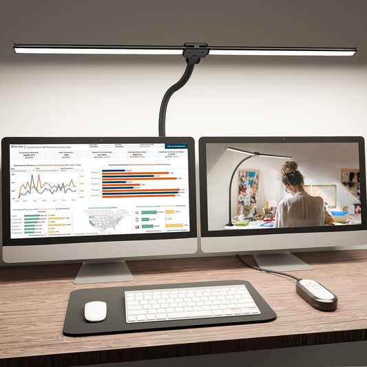 Davy | Shinetech LED Desk Lamp for Home Office, 4000k Neutral White Double Head Architect Task Lamps with Clamp, Dimmable Adjustable Fl