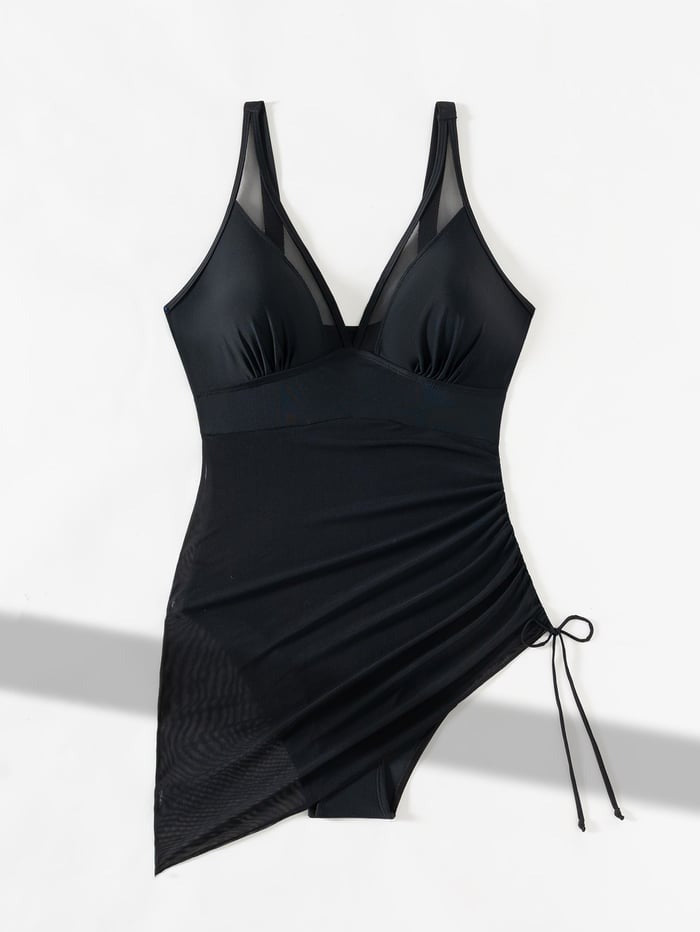 Elegant Mesh V-Neck Swimdress with Sarong Skirt