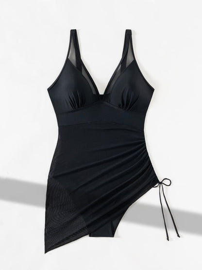 Elegant Mesh V-Neck Swimdress with Sarong Skirt