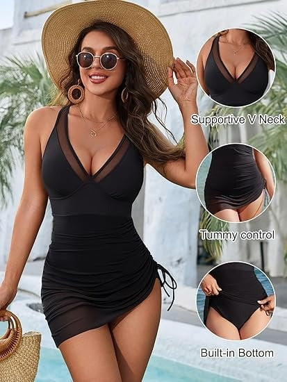 Elegant Mesh V-Neck Swimdress with Sarong Skirt