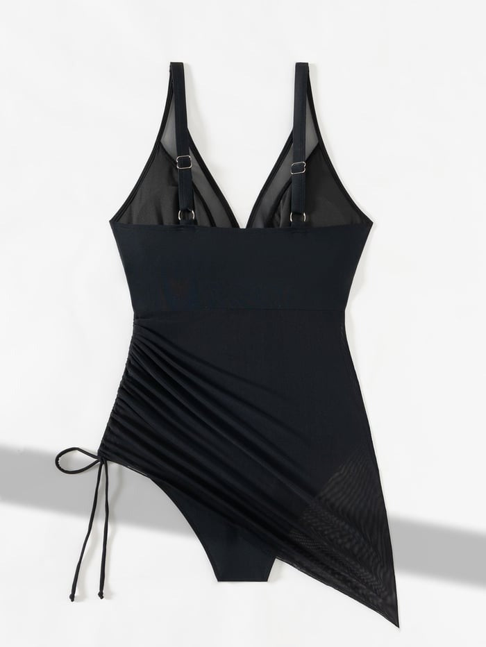 Elegant Mesh V-Neck Swimdress with Sarong Skirt