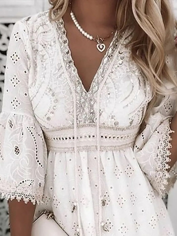 Women's Boho Broderie Flare Sleeve Mini Dress