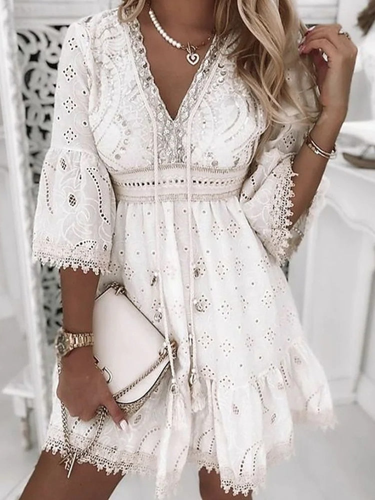 Women's Boho Broderie Flare Sleeve Mini Dress