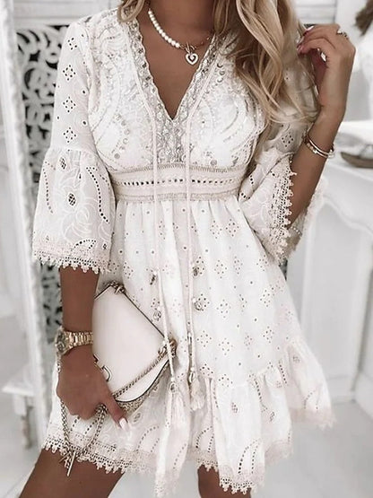 Women's Boho Broderie Flare Sleeve Mini Dress