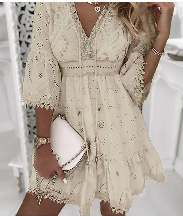 Women's Boho Broderie Flare Sleeve Mini Dress