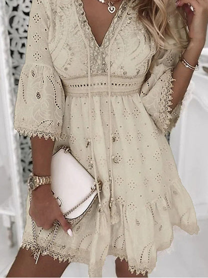 Women's Boho Broderie Flare Sleeve Mini Dress