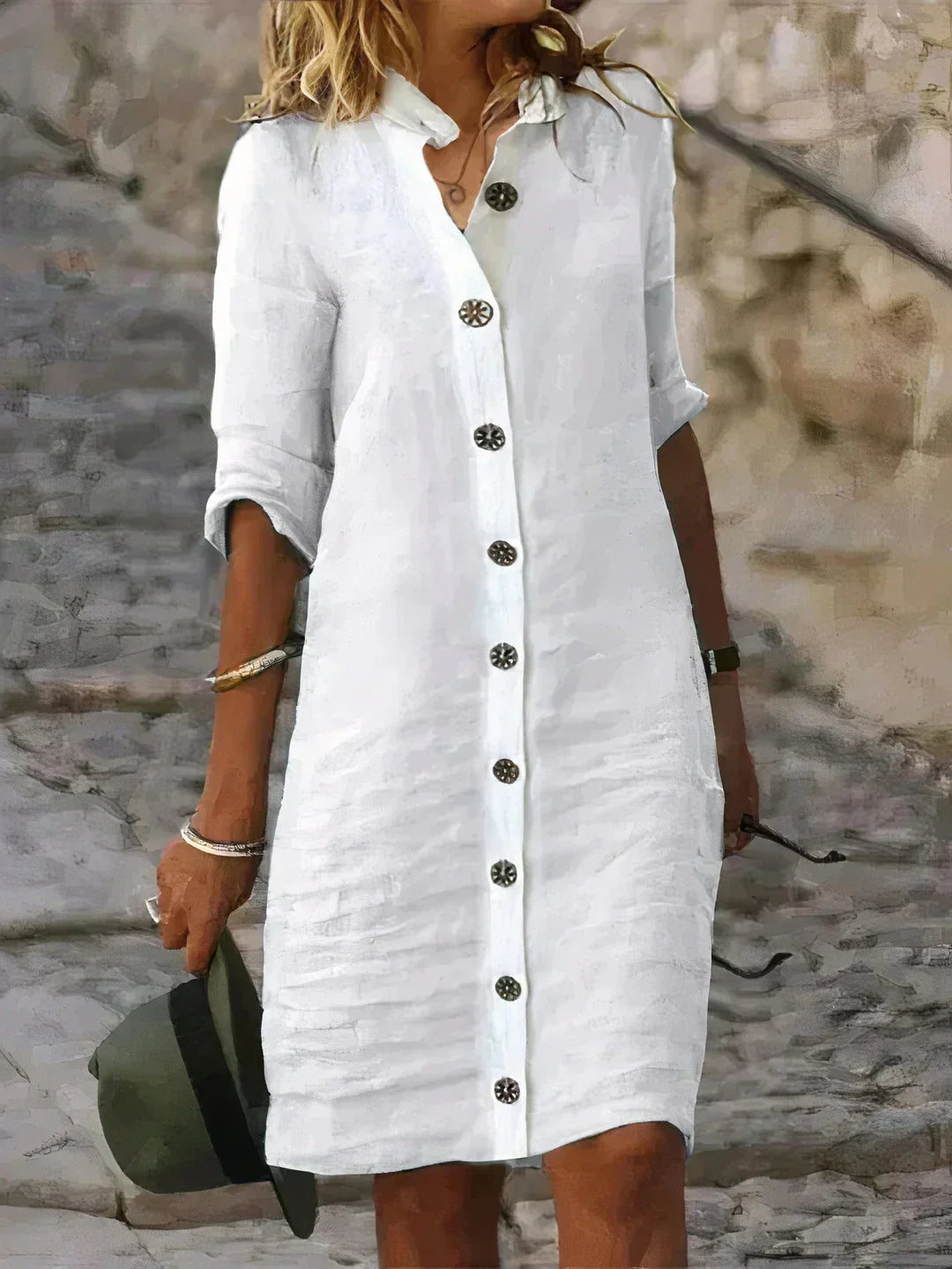 Women's Linen Button-Up Mid-Length Dress
