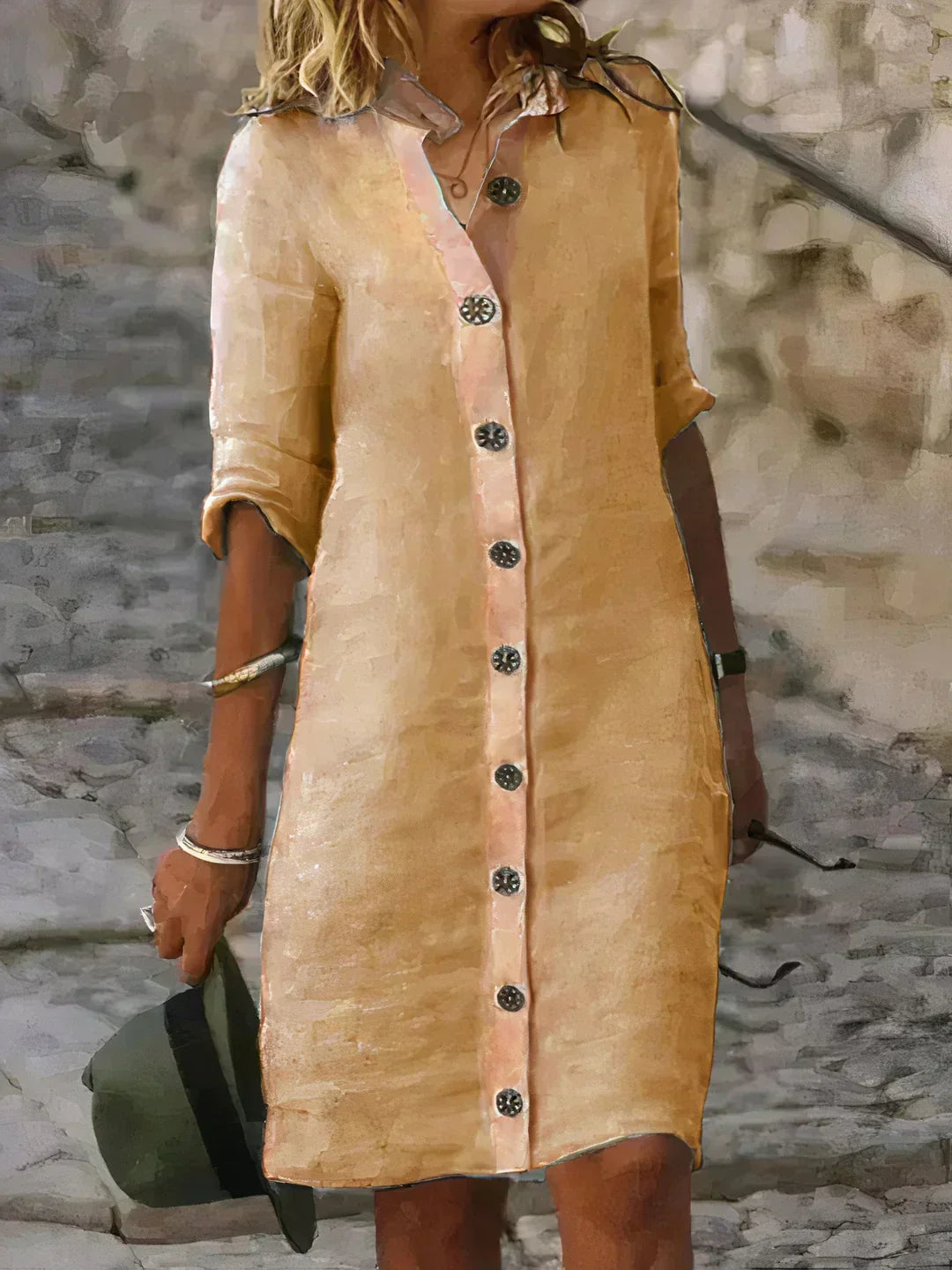 Women's Linen Button-Up Mid-Length Dress
