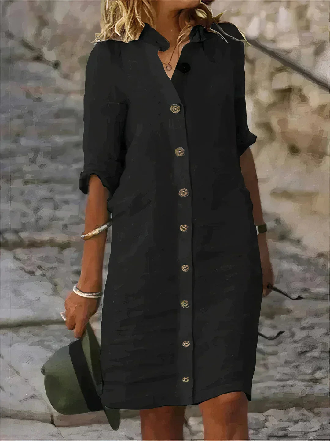 Women's Linen Button-Up Mid-Length Dress