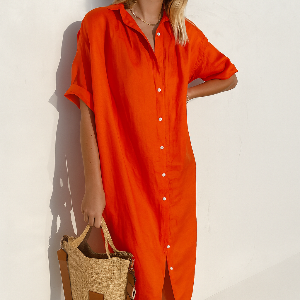 Breathable Linen Button-Front Midi Dress