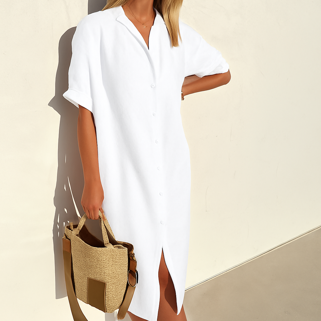 Breathable Linen Button-Front Midi Dress