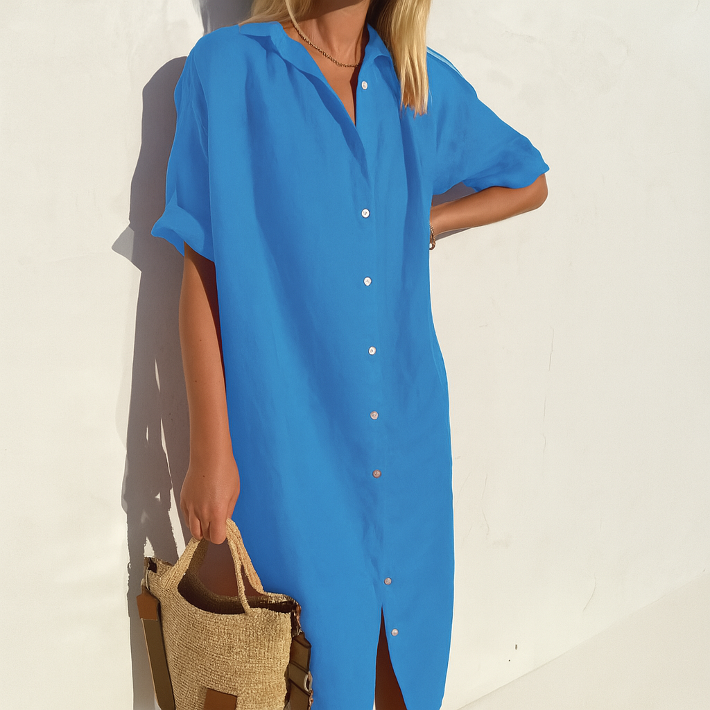 Breathable Linen Button-Front Midi Dress