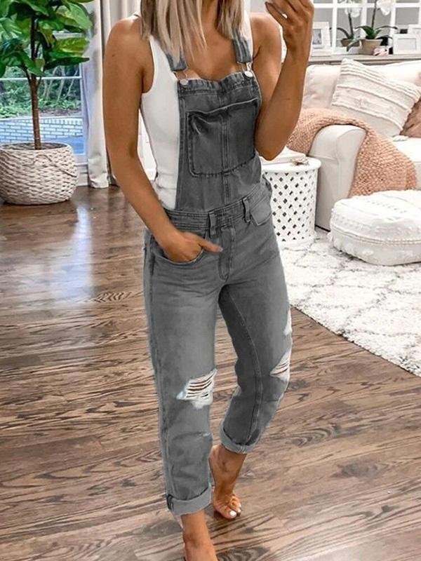 Relaxed Ripped Denim Overalls