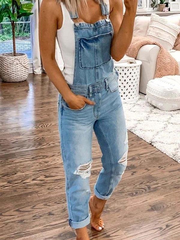 Relaxed Ripped Denim Overalls