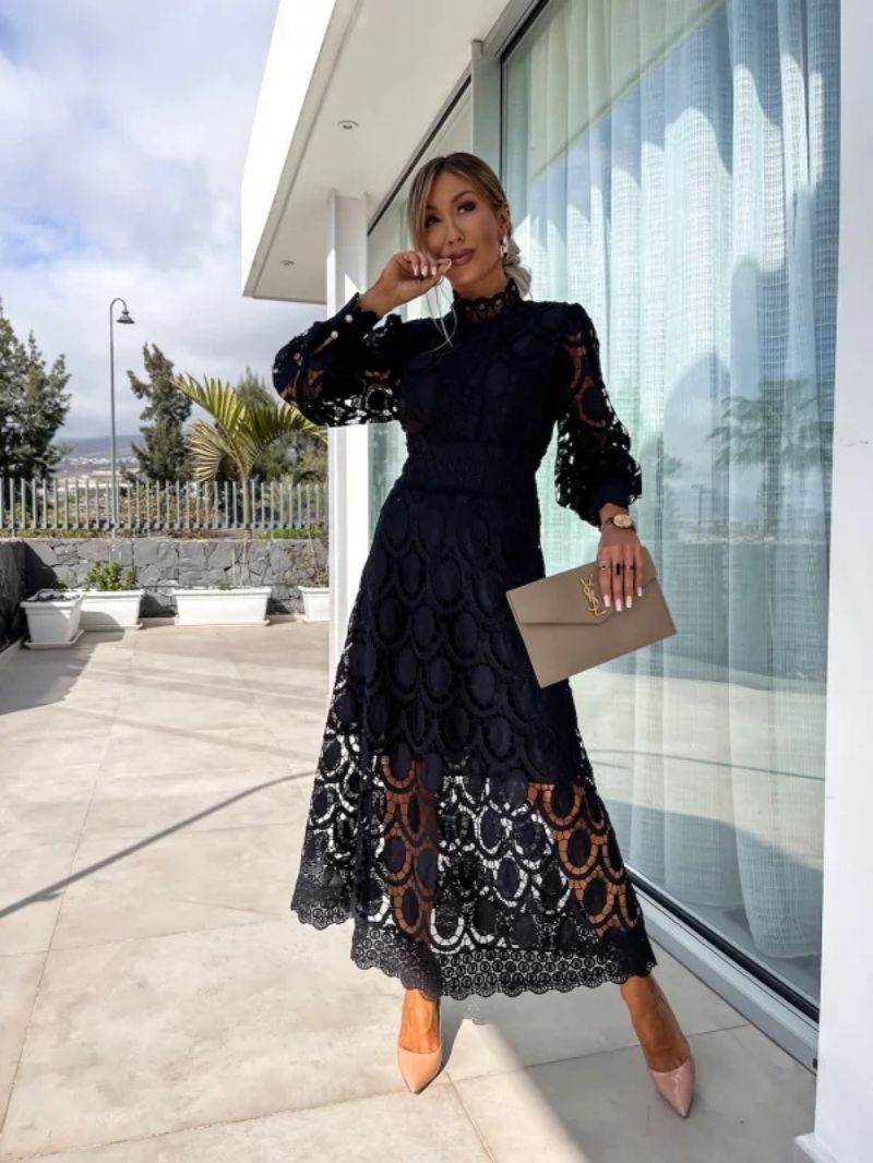 Women's High Neck Lace Midi Dress