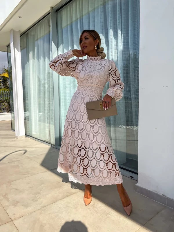 Women's High Neck Lace Midi Dress