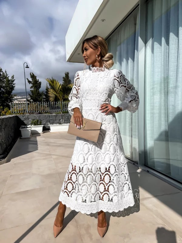 Women's High Neck Lace Midi Dress