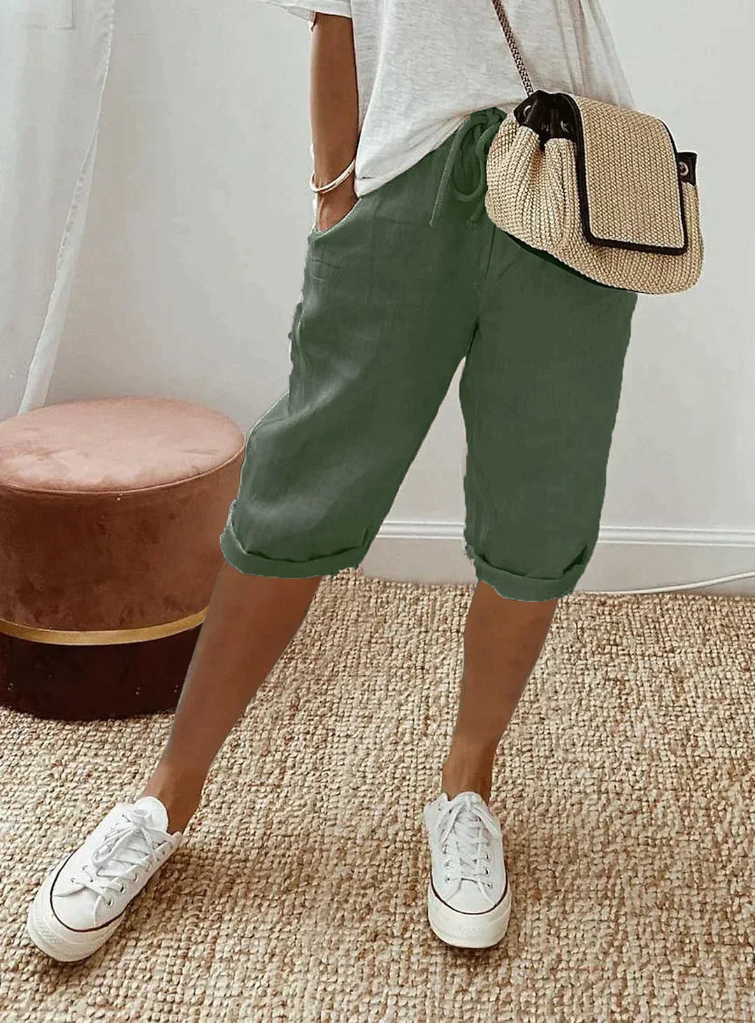 Breathable Linen Drawstring Cropped Pants