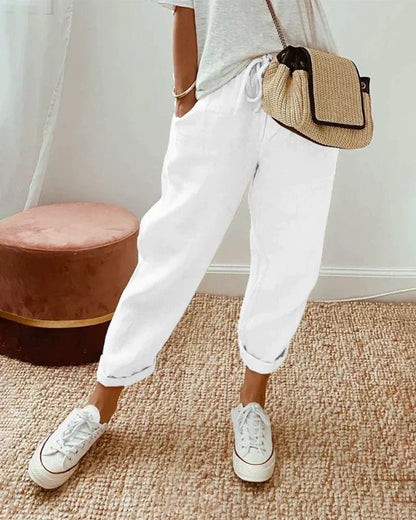 Women's Relaxed Linen Drawstring Cropped Pants