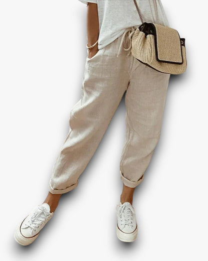 Women's Relaxed Linen Drawstring Cropped Pants