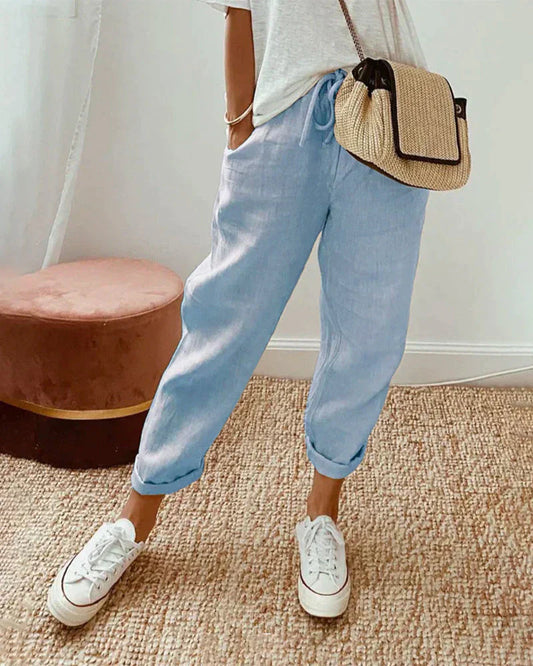 Women's Relaxed Linen Drawstring Cropped Pants