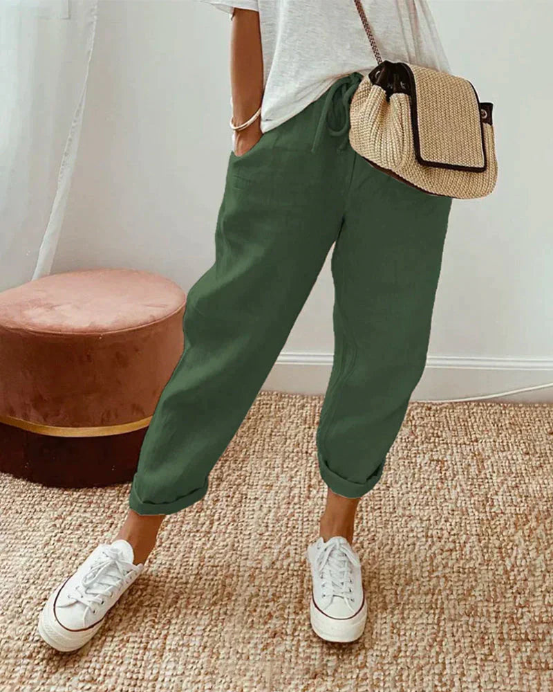 Women's Relaxed Linen Drawstring Cropped Pants