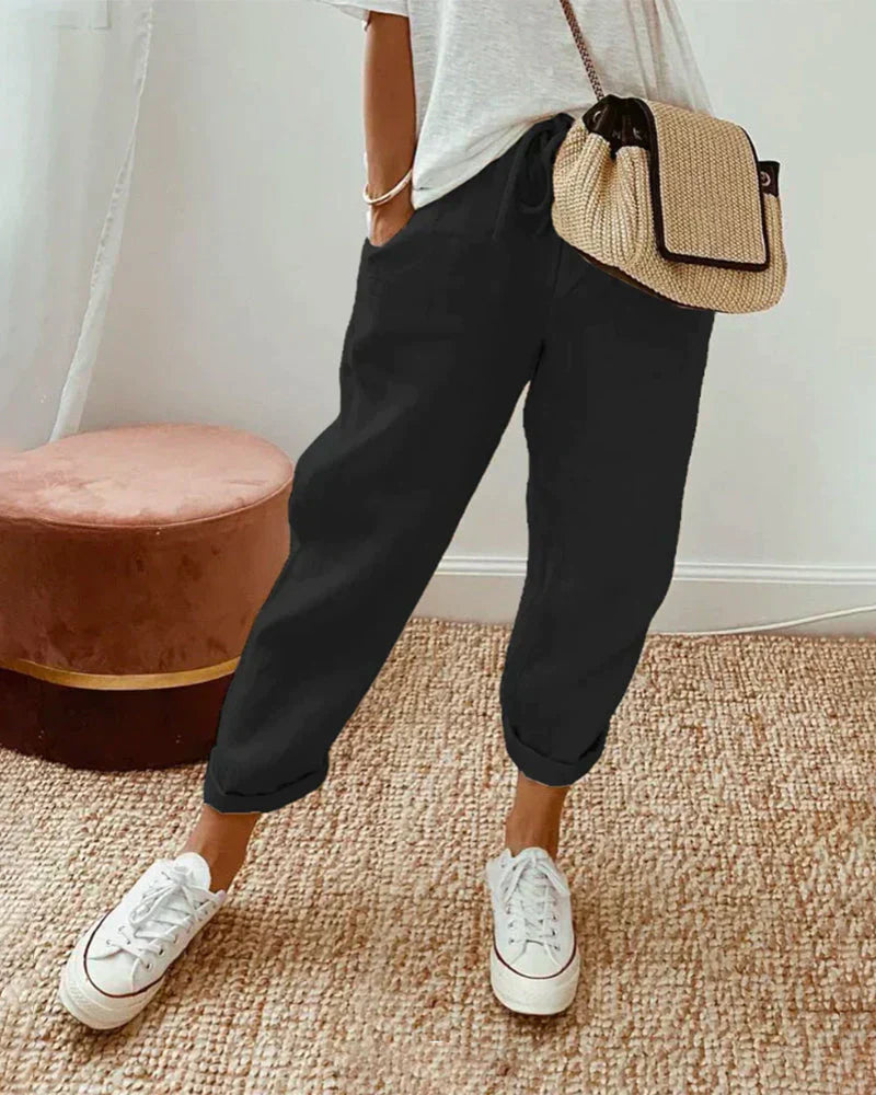 Women's Relaxed Linen Drawstring Cropped Pants