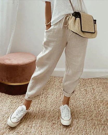 Women's Relaxed Linen Drawstring Cropped Pants