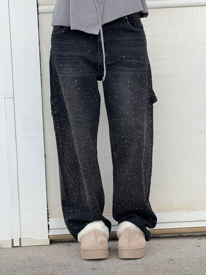 Sparkling Rhinestone Jeans - Wide Leg Style