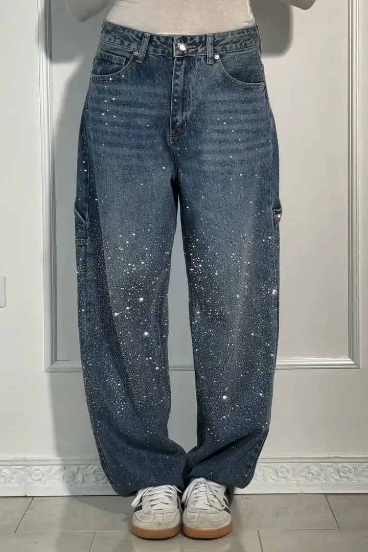 Sparkling Rhinestone Jeans - Wide Leg Style