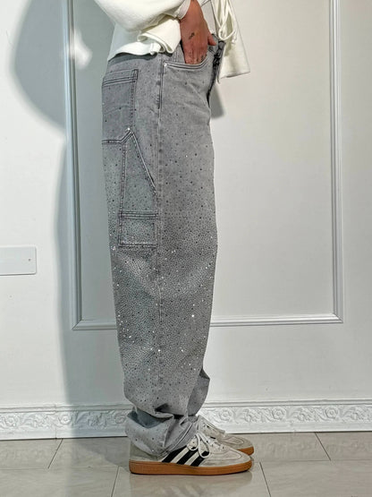 Sparkling Rhinestone Jeans - Wide Leg Style
