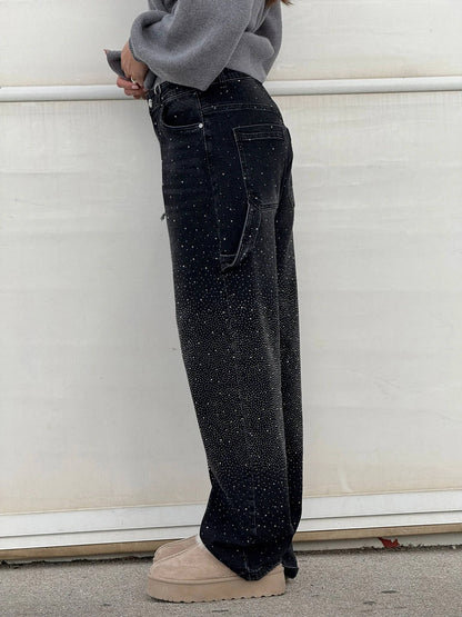 Sparkling Rhinestone Jeans - Wide Leg Style