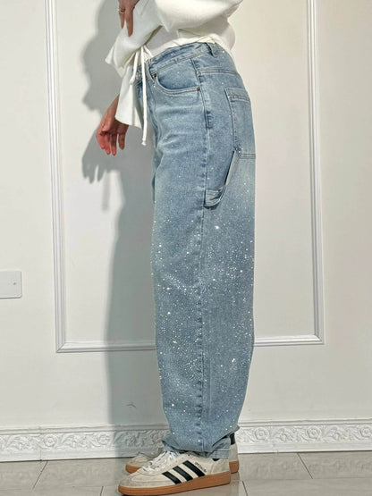 Sparkling Rhinestone Jeans - Wide Leg Style