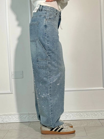 Sparkling Rhinestone Jeans - Wide Leg Style