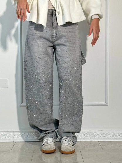 Sparkling Rhinestone Jeans - Wide Leg Style