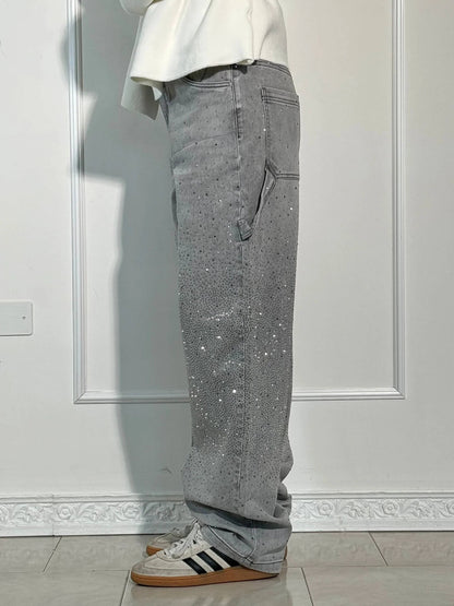 Sparkling Rhinestone Jeans - Wide Leg Style