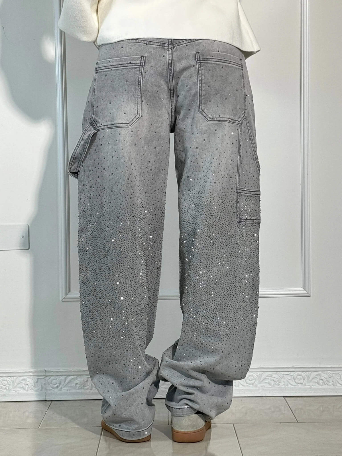 Sparkling Rhinestone Jeans - Wide Leg Style