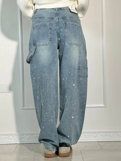 Sparkling Rhinestone Jeans - Wide Leg Style