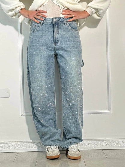 Sparkling Rhinestone Jeans - Wide Leg Style