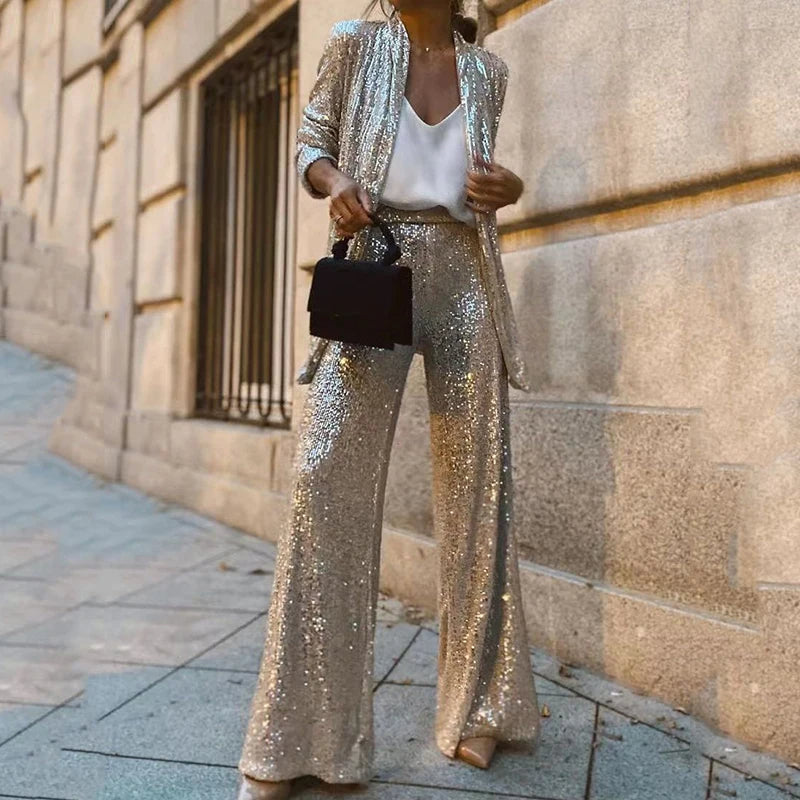 Women's Dazzling Sequin Blazer and Pants Set
