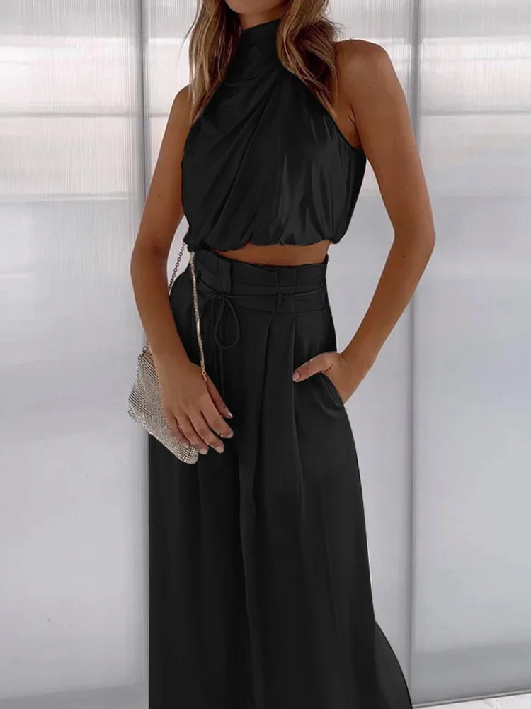 Women's Elegant Drape Sleeveless Wide Leg Set