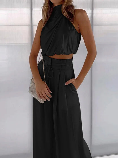 Women's Elegant Drape Sleeveless Wide Leg Set