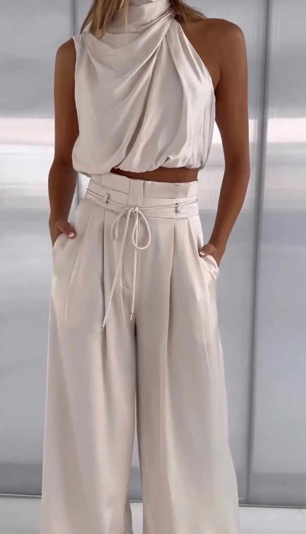 Women's Elegant Drape Sleeveless Wide Leg Set
